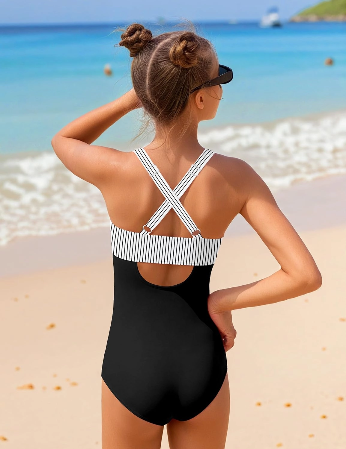 Girl Swimsuit One Piece Cutout Ruched Bathing Suit for Girls V-Neck Color Block Adjustable Straps Pad Swimwear 9-16y