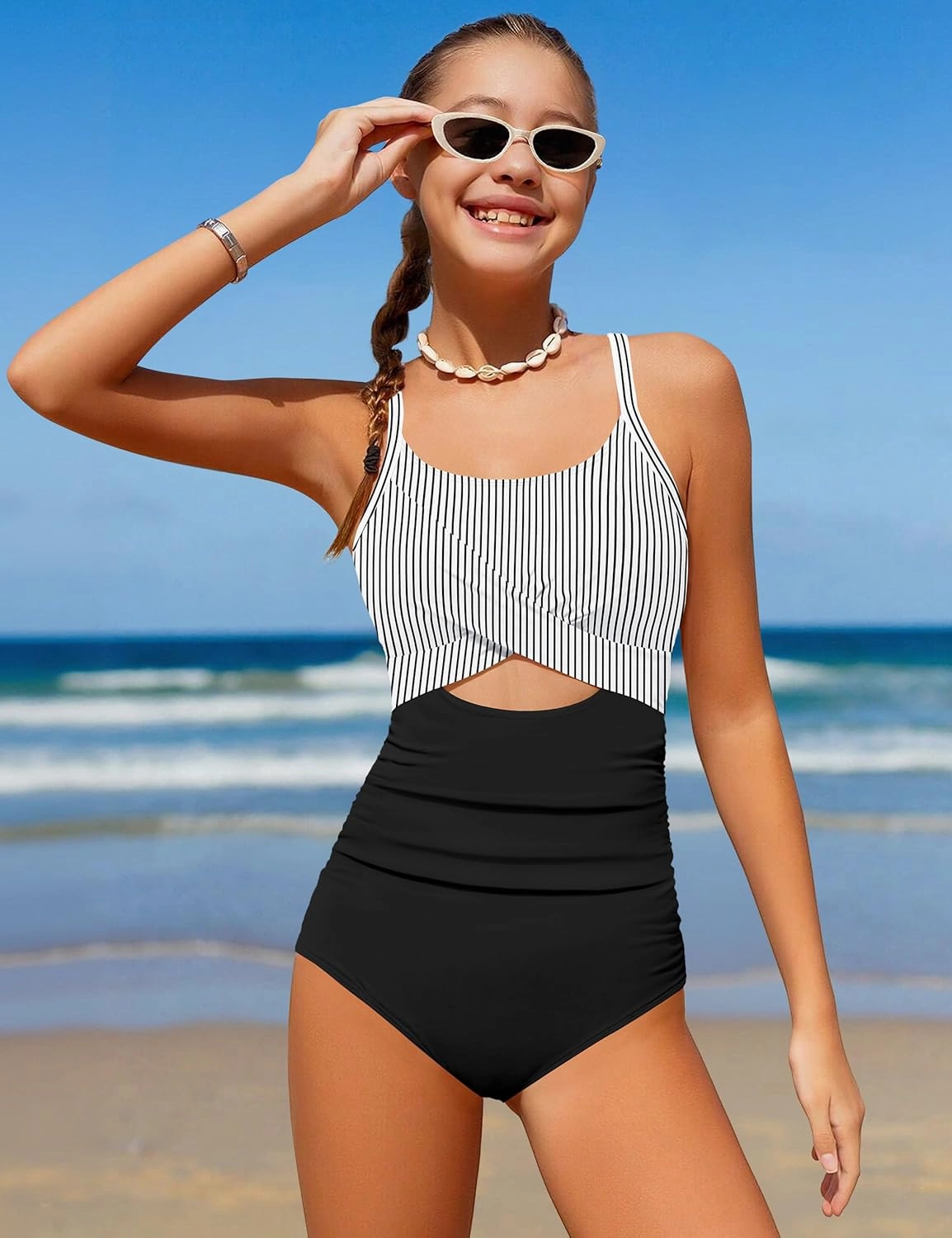 Girl Swimsuit One Piece Cutout Ruched Bathing Suit for Girls V-Neck Color Block Adjustable Straps Pad Swimwear 9-16y