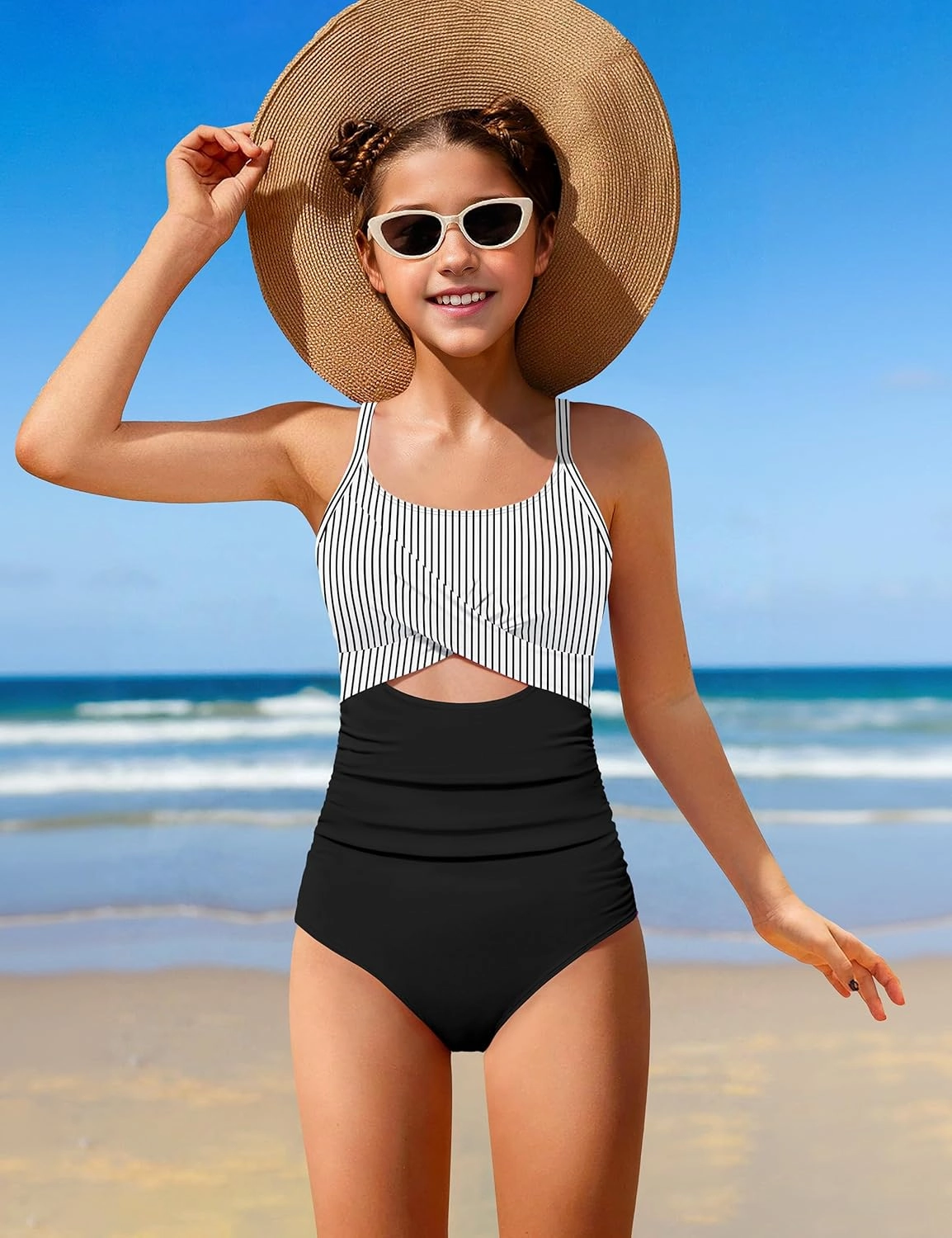 Girl Swimsuit One Piece Cutout Ruched Bathing Suit for Girls V-Neck Color Block Adjustable Straps Pad Swimwear 9-16y