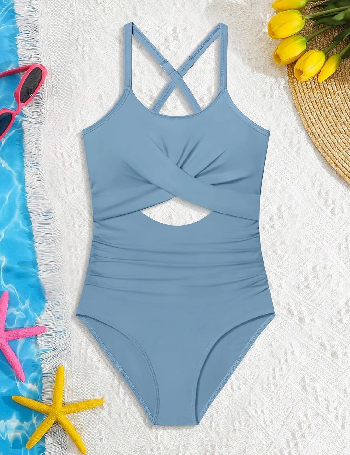Girl Swimsuit One Piece Cutout Ruched Bathing Suit for Girls V-Neck Color Block Adjustable Straps Pad Swimwear 9-16y