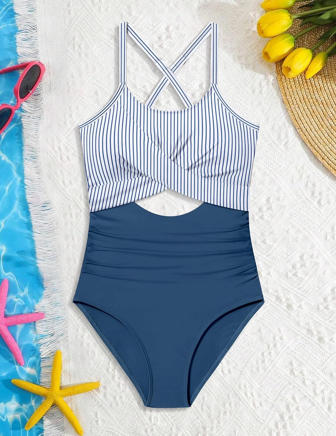 Girl Swimsuit One Piece Cutout Ruched Bathing Suit for Girls V-Neck Color Block Adjustable Straps Pad Swimwear 9-16y
