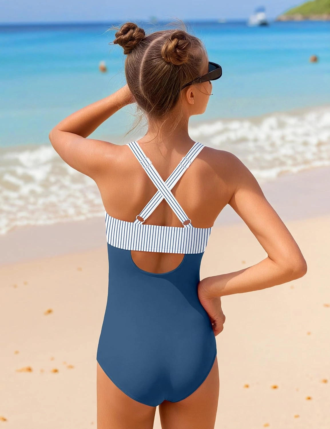 Girl Swimsuit One Piece Cutout Ruched Bathing Suit for Girls V-Neck Color Block Adjustable Straps Pad Swimwear 9-16y