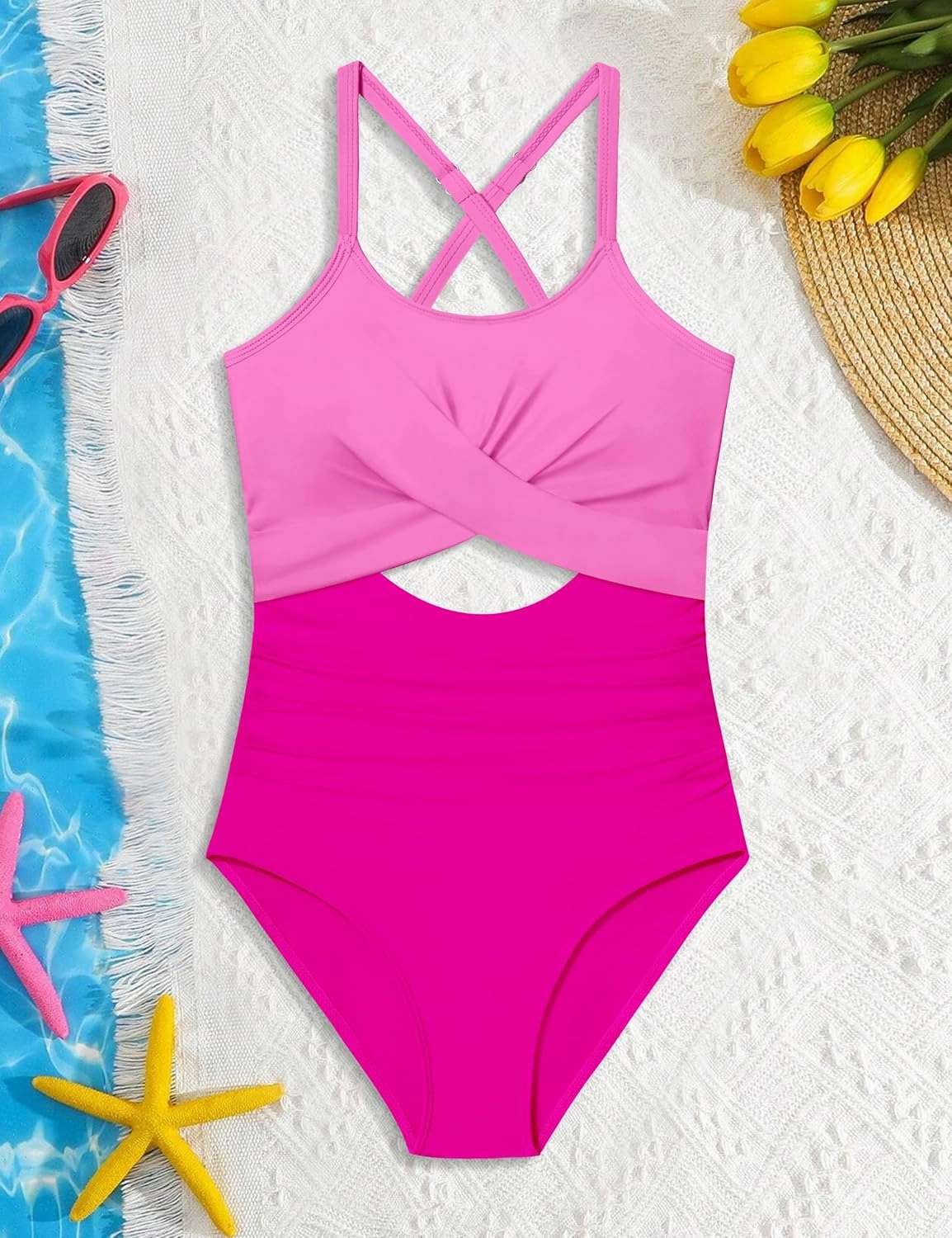 Girl Swimsuit One Piece Cutout Ruched Bathing Suit for Girls V-Neck Color Block Adjustable Straps Pad Swimwear 9-16y
