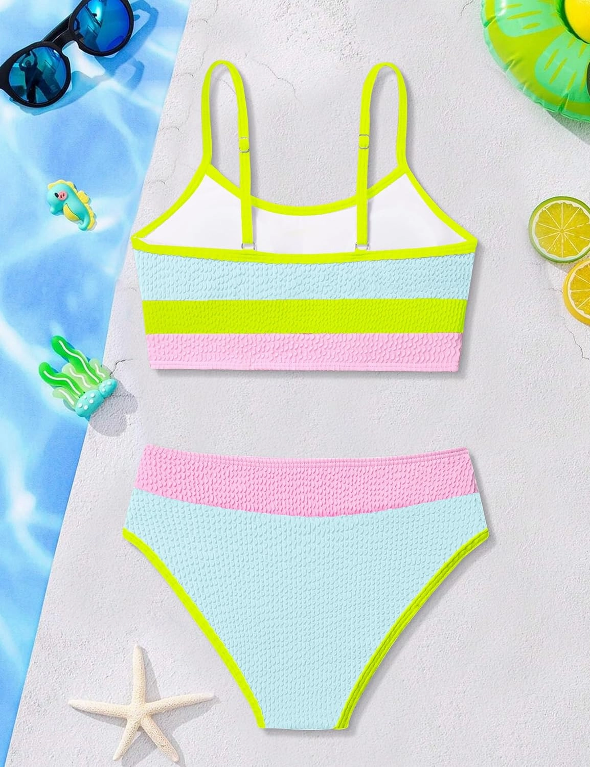 Girls Bathing Suit Color-Block Adjustable Straps Bikini Sets Girls Two Piece Swimsuits with Chest Pad Swimwear 7-18T