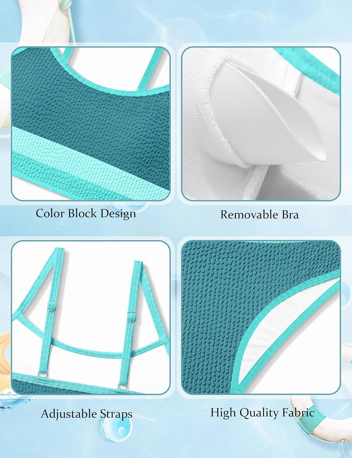 Girls Bathing Suit Color-Block Adjustable Straps Bikini Sets Girls Two Piece Swimsuits with Chest Pad Swimwear 7-18T