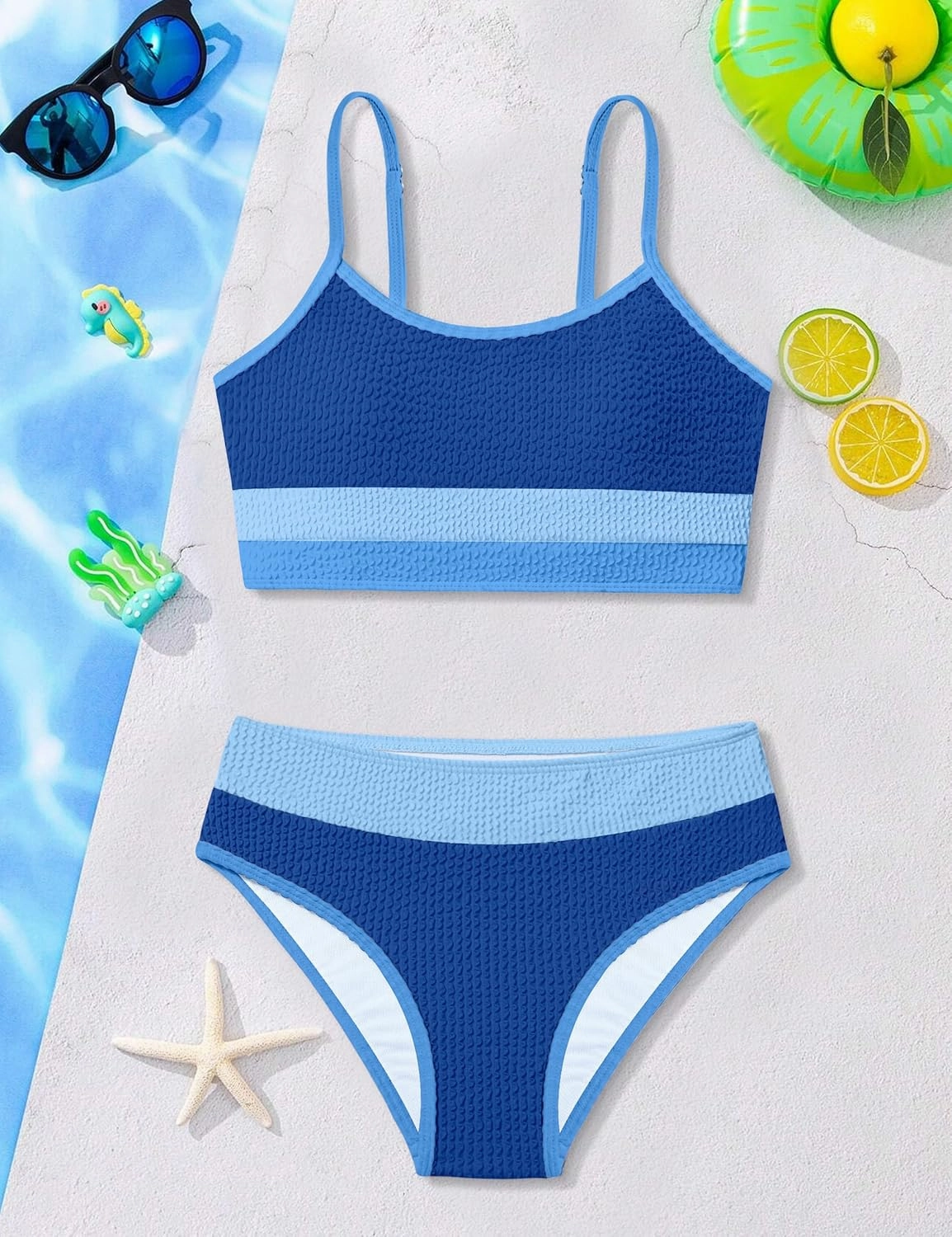 Girls Bathing Suit Color-Block Adjustable Straps Bikini Sets Girls Two Piece Swimsuits with Chest Pad Swimwear 7-18T