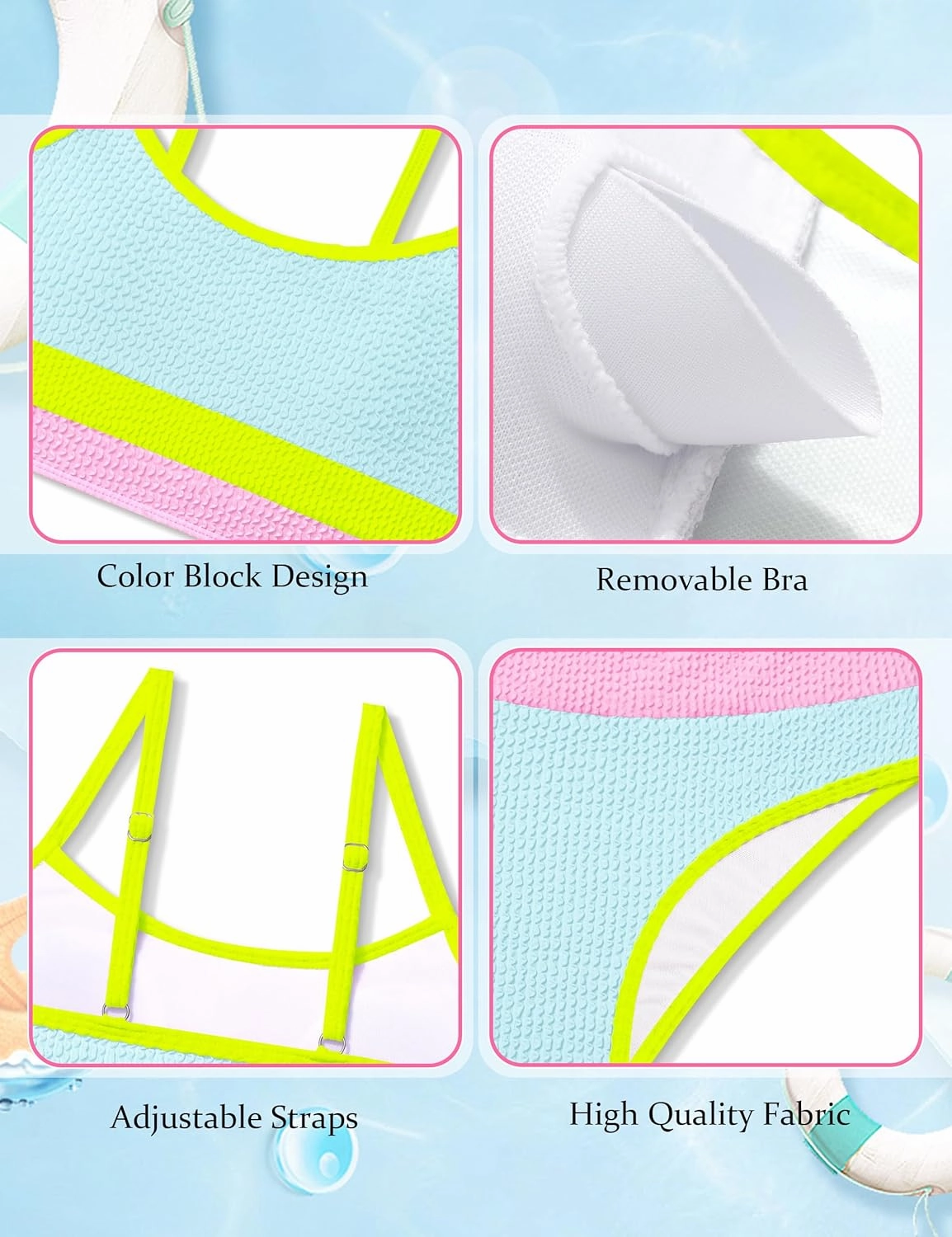 Girls Bathing Suit Color-Block Adjustable Straps Bikini Sets Girls Two Piece Swimsuits with Chest Pad Swimwear 7-18T