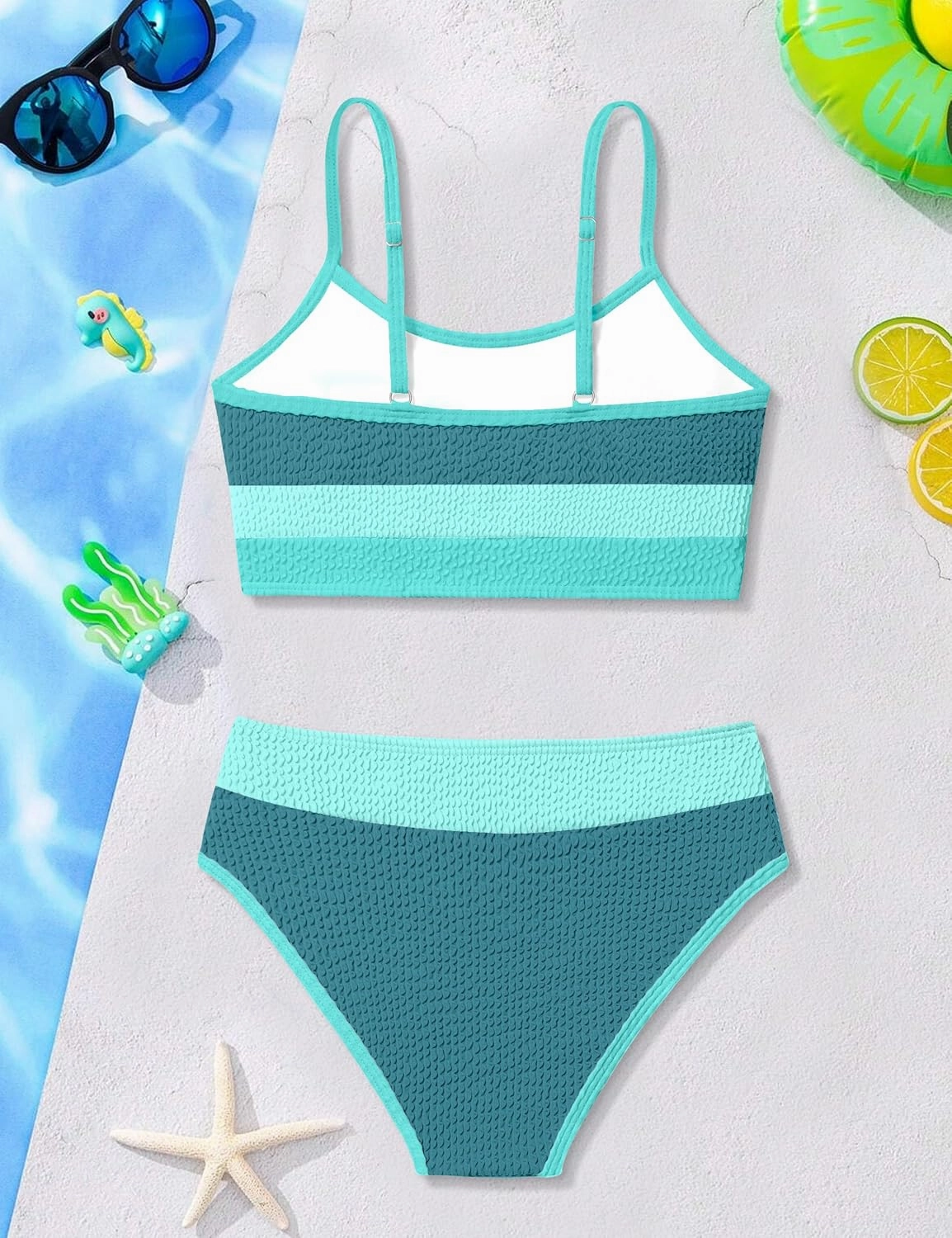 Girls Bathing Suit Color-Block Adjustable Straps Bikini Sets Girls Two Piece Swimsuits with Chest Pad Swimwear 7-18T