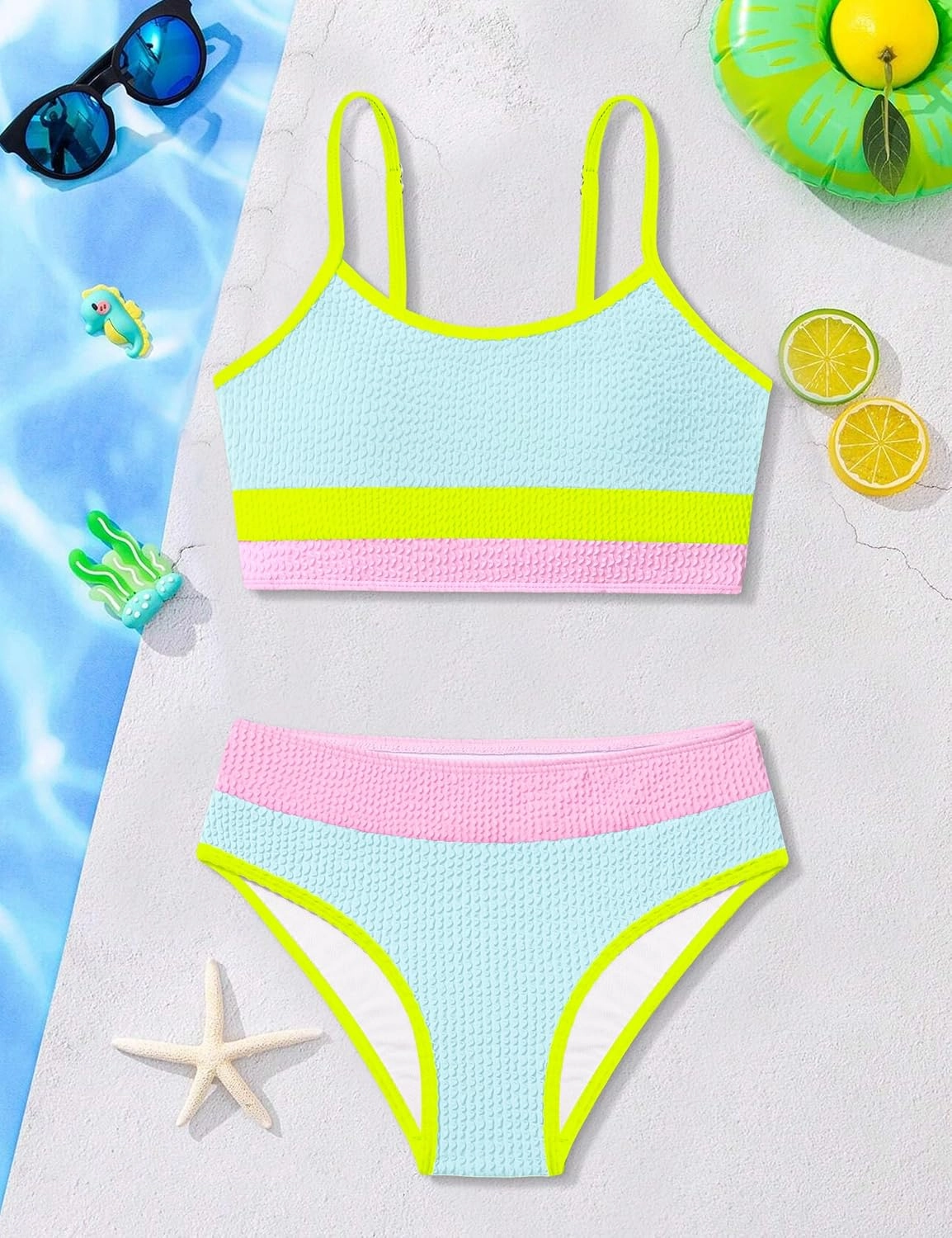 Girls Bathing Suit Color-Block Adjustable Straps Bikini Sets Girls Two Piece Swimsuits with Chest Pad Swimwear 7-18T
