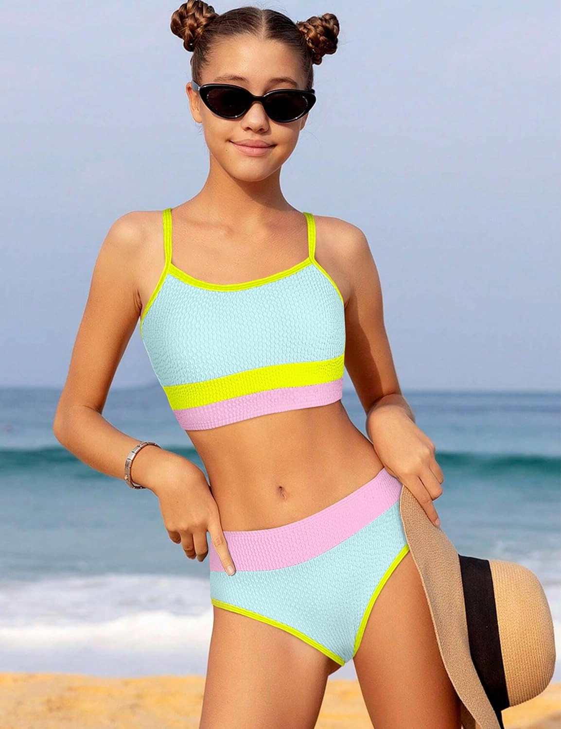 Girls Bathing Suit Color-Block Adjustable Straps Bikini Sets Girls Two Piece Swimsuits with Chest Pad Swimwear 7-18T
