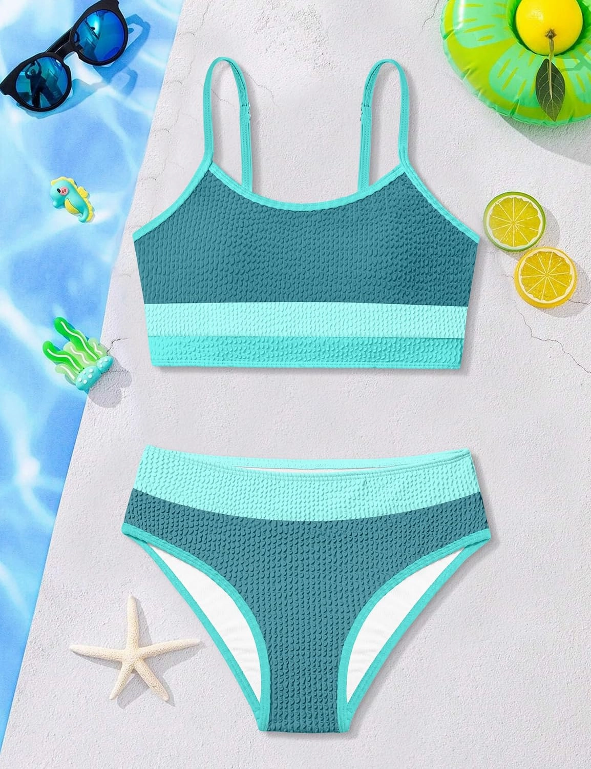 Girls Bathing Suit Color-Block Adjustable Straps Bikini Sets Girls Two Piece Swimsuits with Chest Pad Swimwear 7-18T