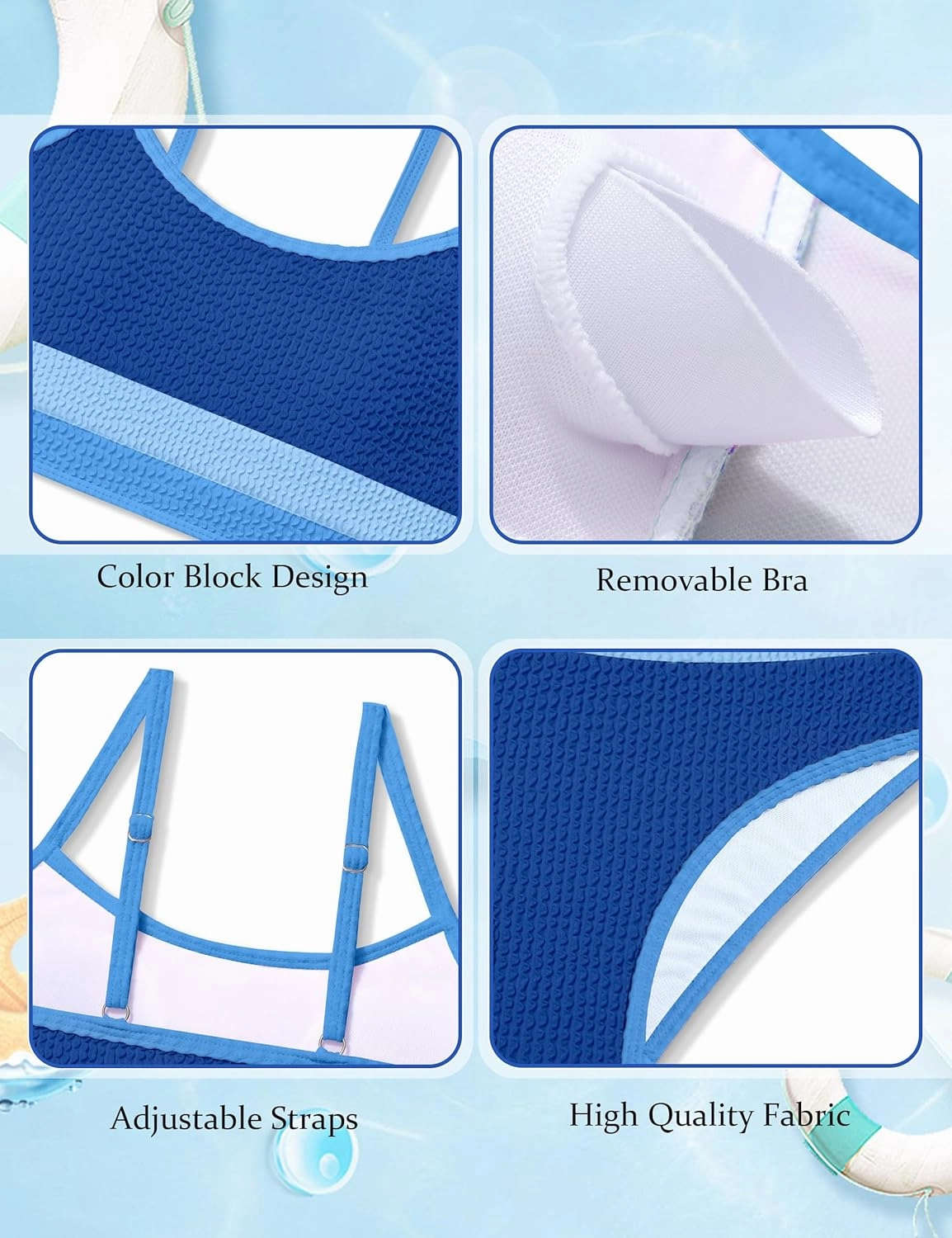 Girls Bathing Suit Color-Block Adjustable Straps Bikini Sets Girls Two Piece Swimsuits with Chest Pad Swimwear 7-18T