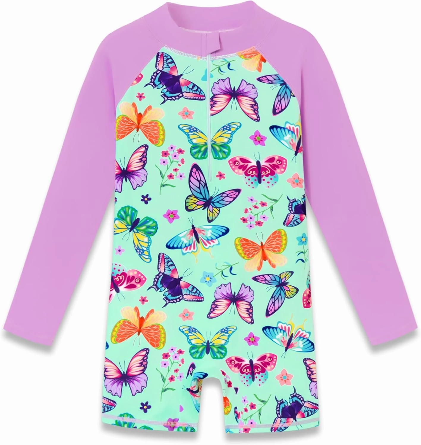 Girls Long Sleeve Rash Guard One Piece Swimsuit - Mermaid Checker Face Zipper Front Toddler Bathing Suit 2T-10