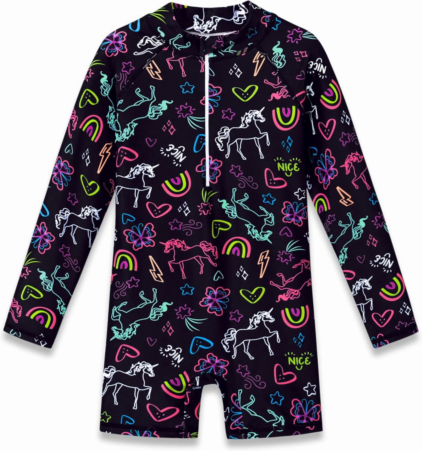 Girls Long Sleeve Rash Guard One Piece Swimsuit - Mermaid Checker Face Zipper Front Toddler Bathing Suit 2T-10