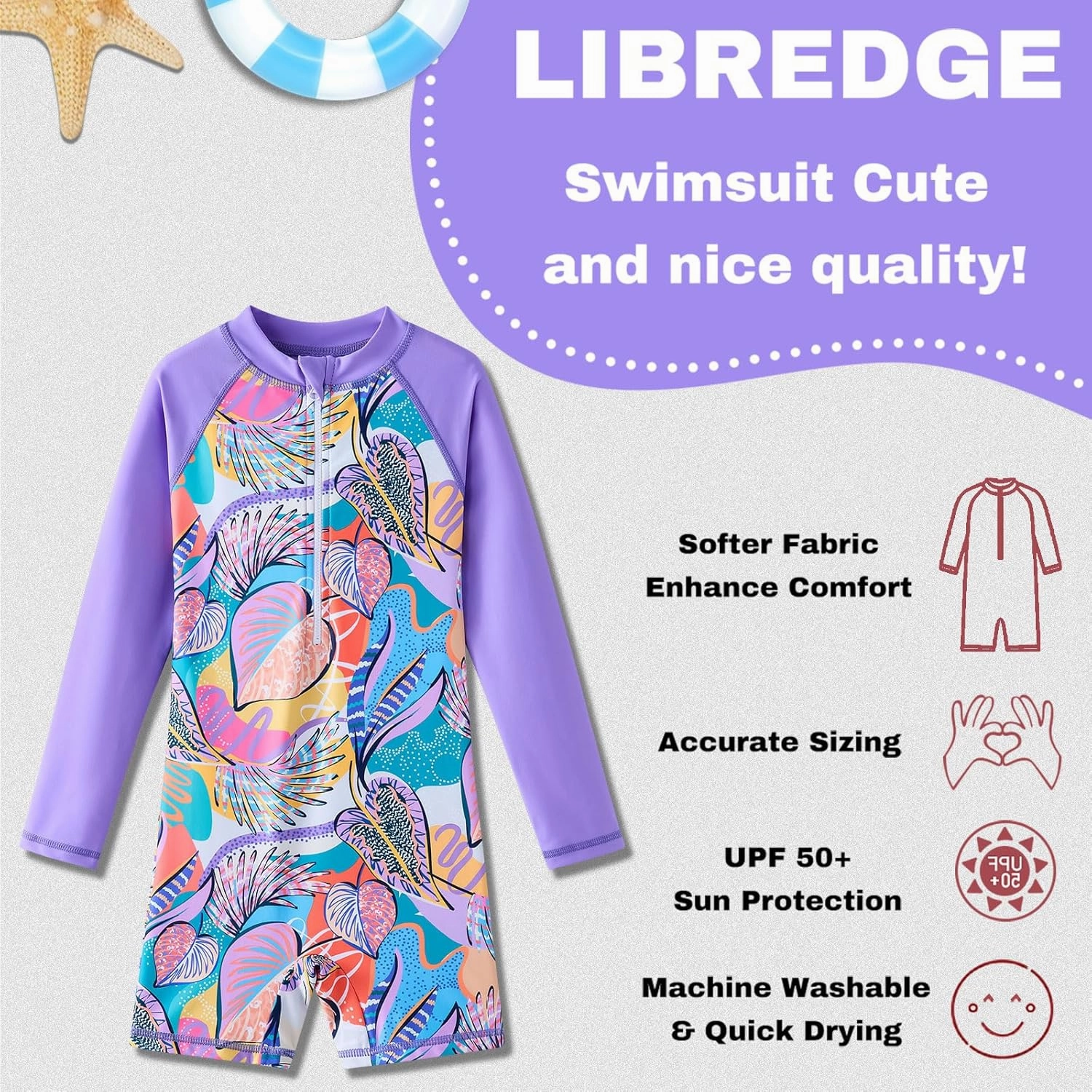 Girls Long Sleeve Rash Guard Swimsuits Zipper Bathing Suits
