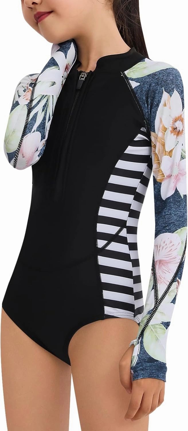 Girls Long Sleeve Rashguard Swimsuit UV Protection One-Piece Swimwear Bathing Suit
