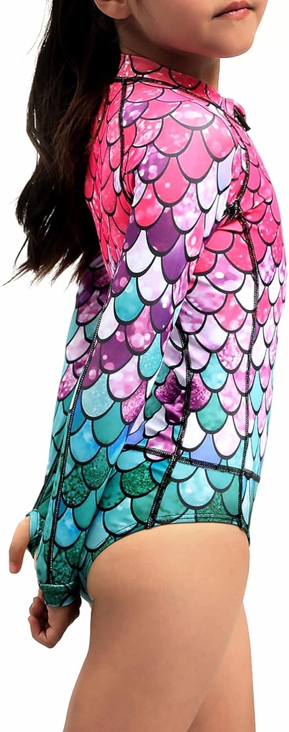 Girls Long Sleeve Rashguard Swimsuit UV Protection One-Piece Swimwear Bathing Suit