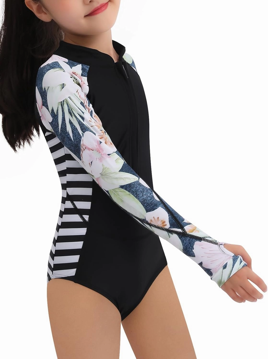 Girls Long Sleeve Rashguard Swimsuit UV Protection One-Piece Swimwear Bathing Suit