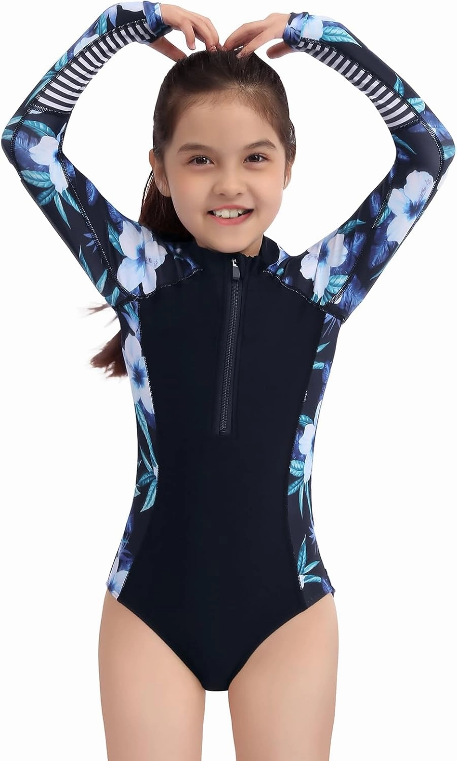 Girls Long Sleeve Rashguard Swimsuit UV Protection One-Piece Swimwear Bathing Suit
