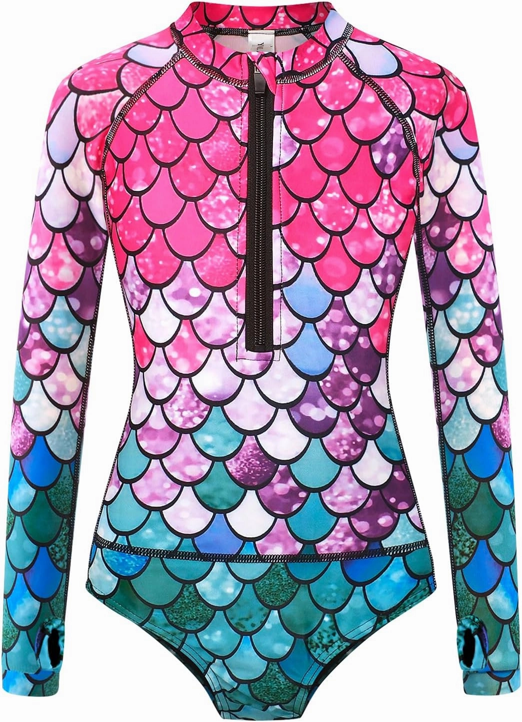 Girls Long Sleeve Rashguard Swimsuit UV Protection One-Piece Swimwear Bathing Suit