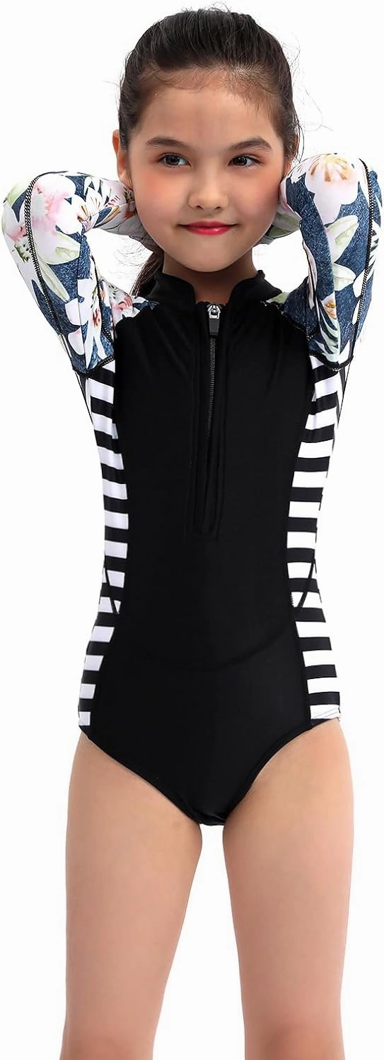 Girls Long Sleeve Rashguard Swimsuit UV Protection One-Piece Swimwear Bathing Suit