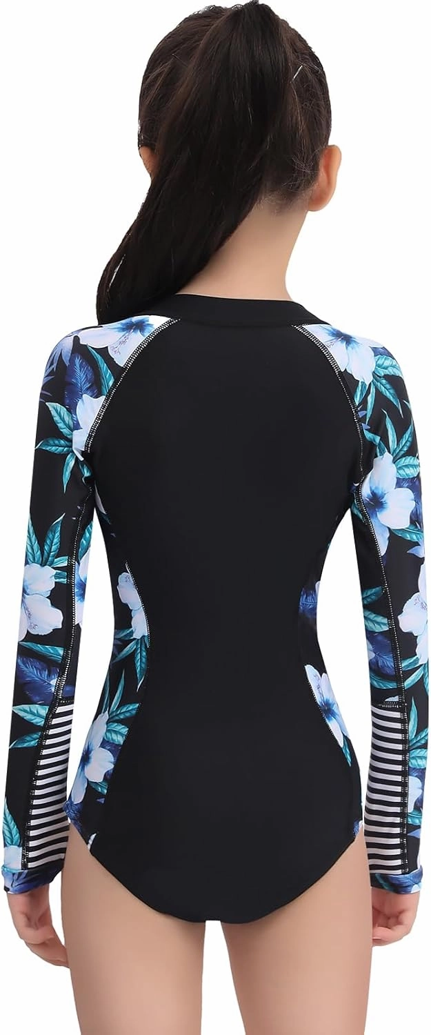 Girls Long Sleeve Rashguard Swimsuit UV Protection One-Piece Swimwear Bathing Suit