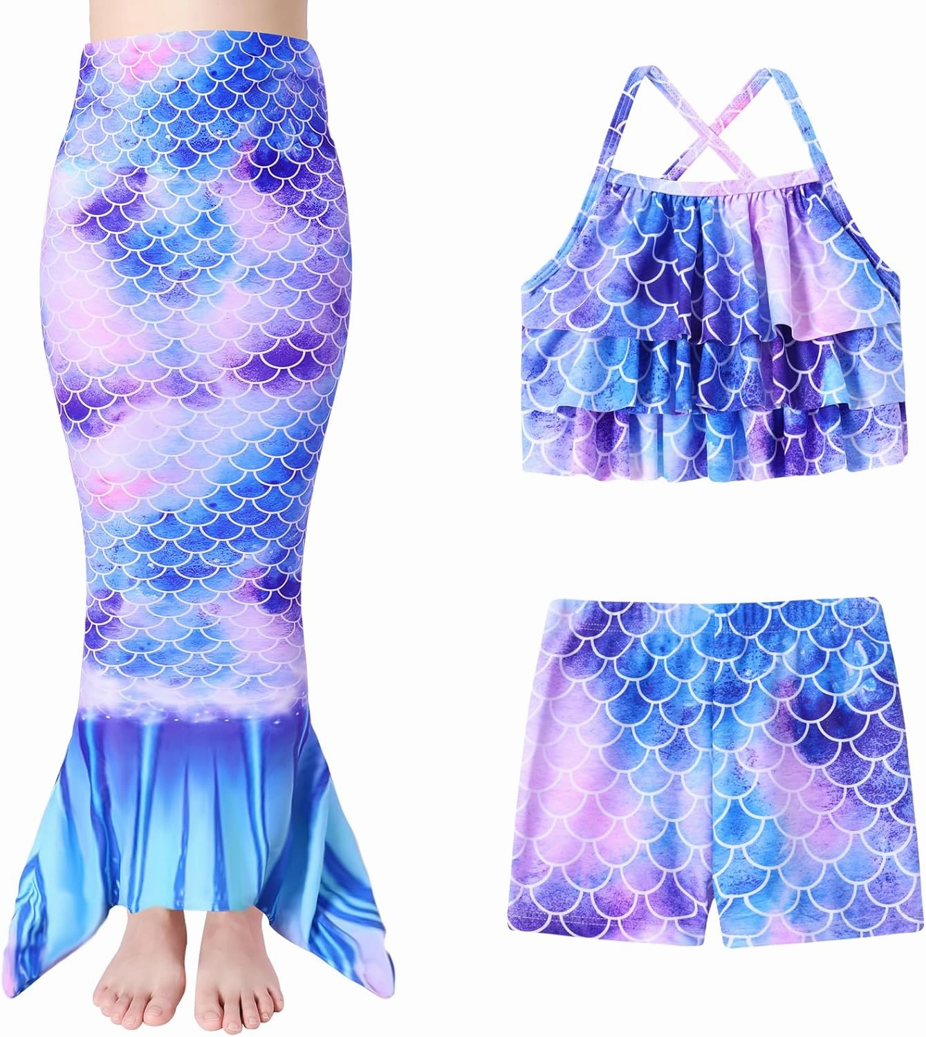 Girls Mermaid Bathing Suit 3PCS Cute Ruffle Tankini Swimsuits with Boyshort Fish Tail Kids Beach Swimwear 3-11Y