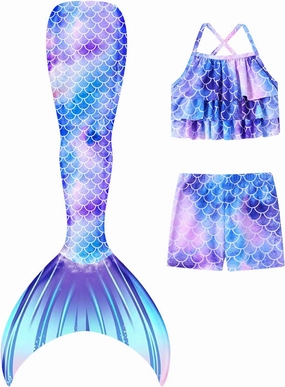 Girls Mermaid Bathing Suit 3PCS Cute Ruffle Tankini Swimsuits with Boyshort Fish Tail Kids Beach Swimwear 3-11Y