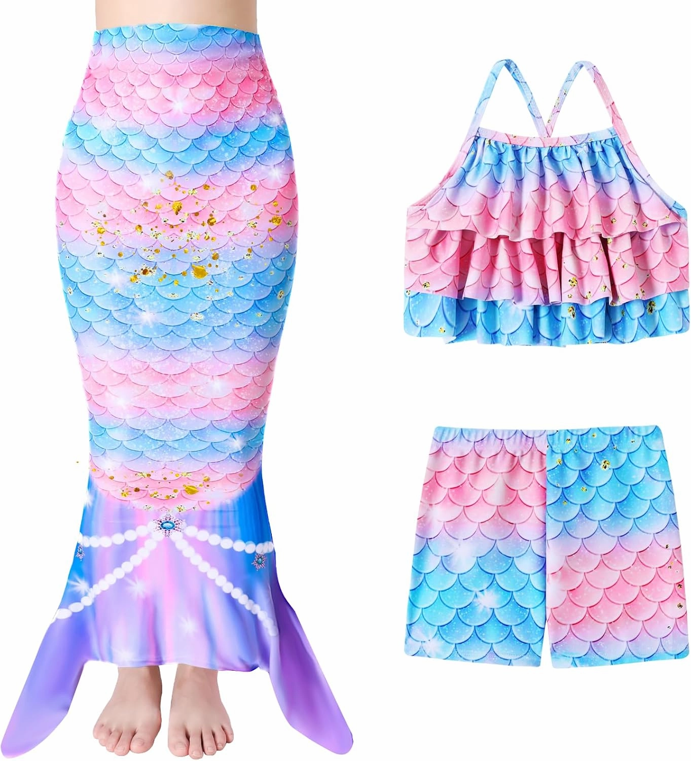 Girls Mermaid Bathing Suit 3PCS Cute Ruffle Tankini Swimsuits with Boyshort Fish Tail Kids Beach Swimwear 3-11Y