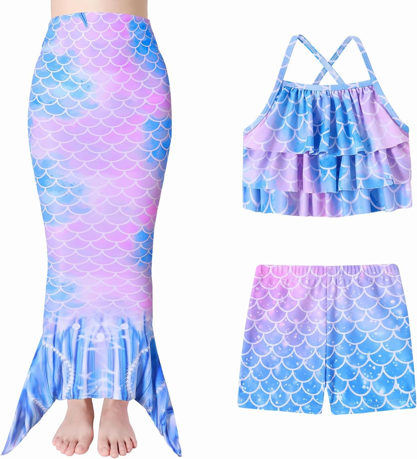 Girls Mermaid Bathing Suit 3PCS Cute Ruffle Tankini Swimsuits with Boyshort Fish Tail Kids Beach Swimwear 3-11Y