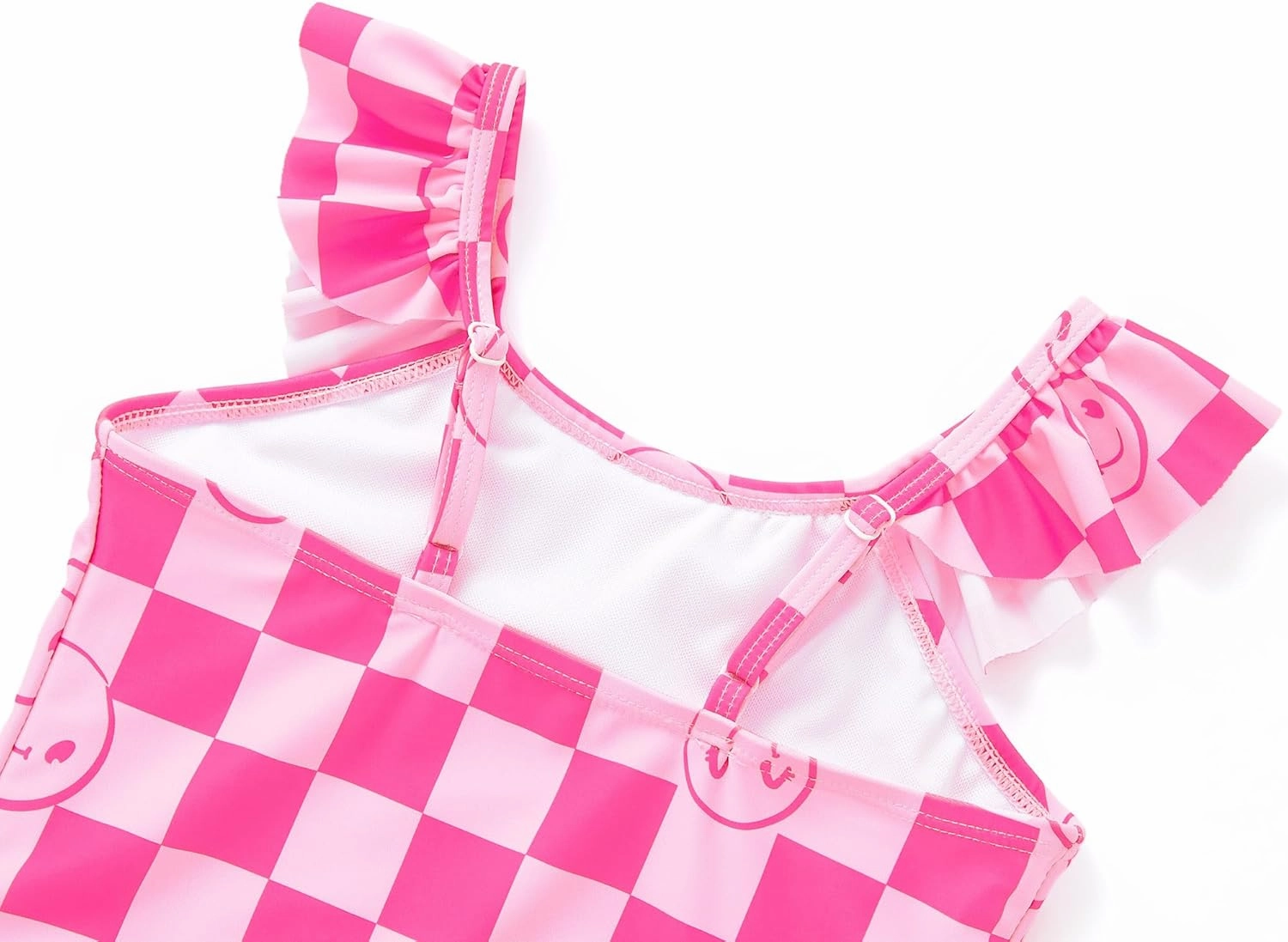 Girls One Piece Swimsuit - Adjustable Strap, Checked Face & Mermaid Print Toddler Ruffle Bathing Suit Size 2T-10