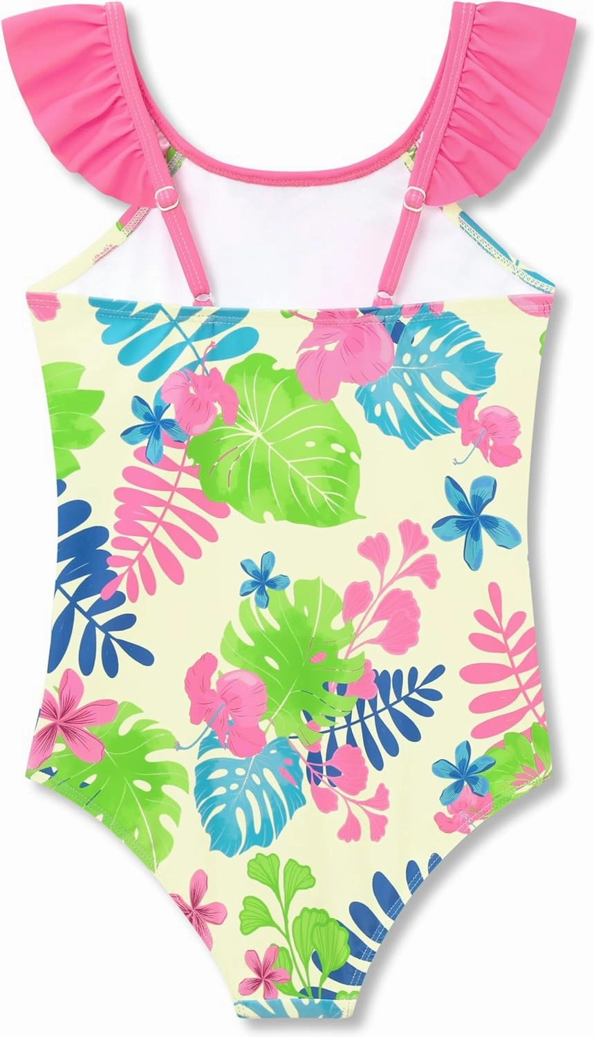 Girls One Piece Swimsuit - Adjustable Strap, Checked Face & Mermaid Print Toddler Ruffle Bathing Suit Size 2T-10