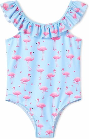 Girls One Piece Swimsuit - Adjustable Strap, Checked Face & Mermaid Print Toddler Ruffle Bathing Suit Size 2T-10
