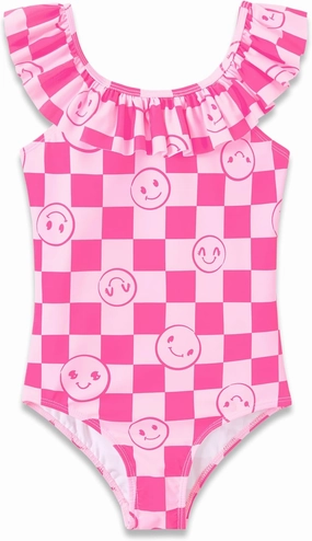 Girls One Piece Swimsuit - Adjustable Strap, Checked Face & Mermaid Print Toddler Ruffle Bathing Suit Size 2T-10