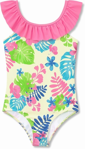 Girls One Piece Swimsuit - Adjustable Strap, Checked Face & Mermaid Print Toddler Ruffle Bathing Suit Size 2T-10
