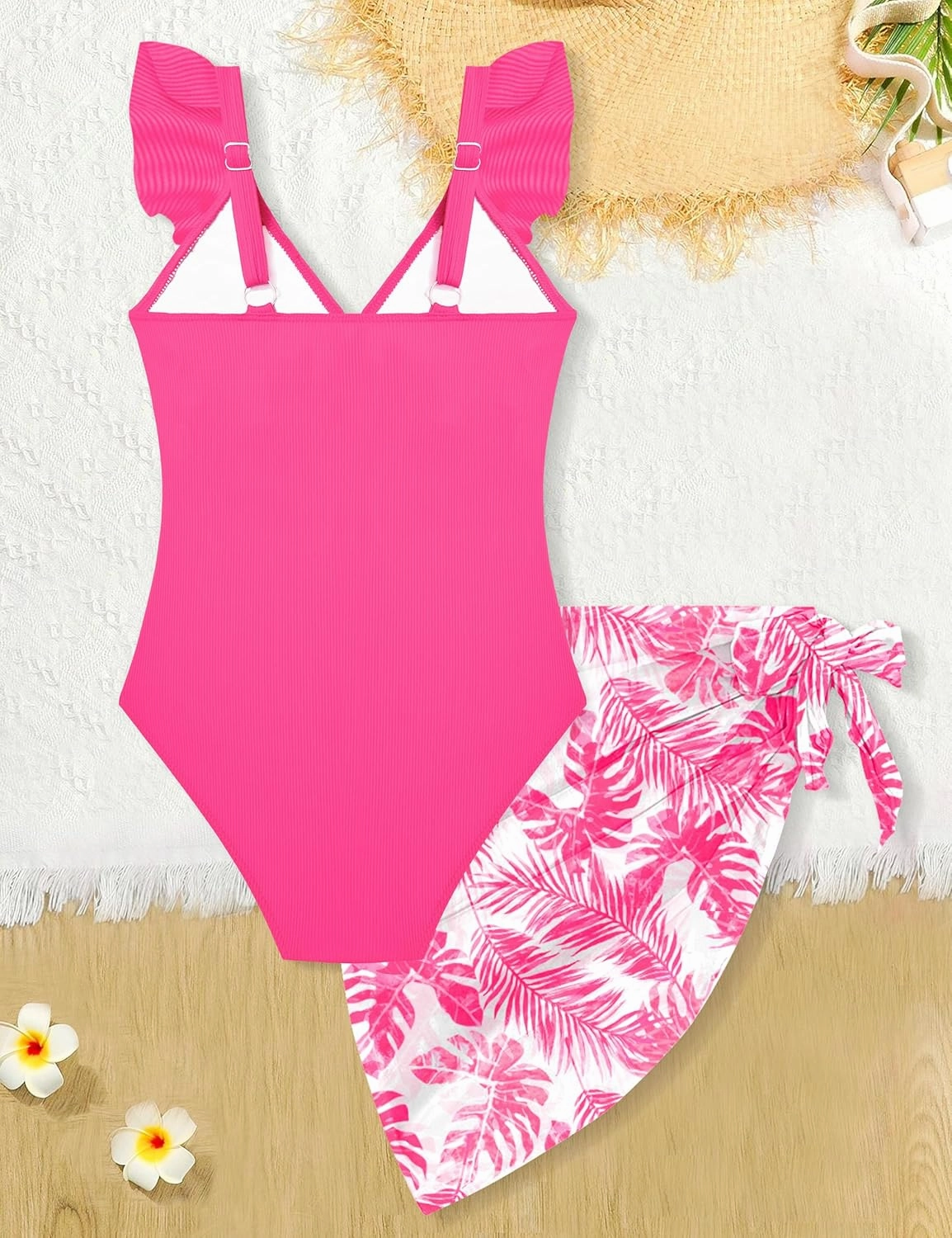 Girls One Piece Swimsuit Cut Out Ruffle Bathing Suit Twist V Neck Swimwear Solid Color with Cover Up Skirt 7-18T