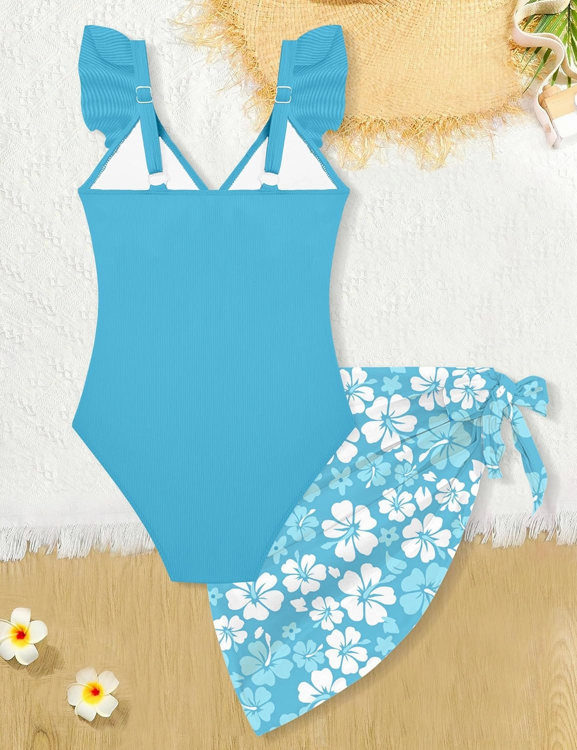 Girls One Piece Swimsuit Cut Out Ruffle Bathing Suit Twist V Neck Swimwear Solid Color with Cover Up Skirt 7-18T