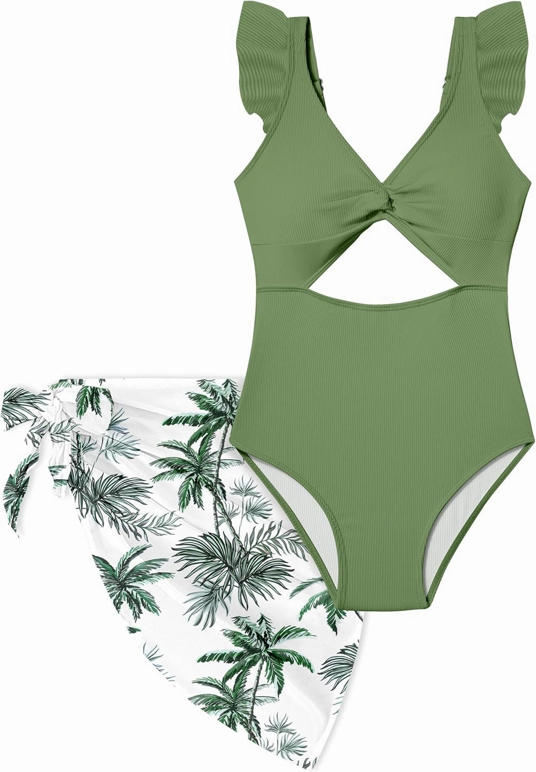 Girls One Piece Swimsuit Cut Out Ruffle Bathing Suit Twist V Neck Swimwear Solid Color with Cover Up Skirt 7-18T
