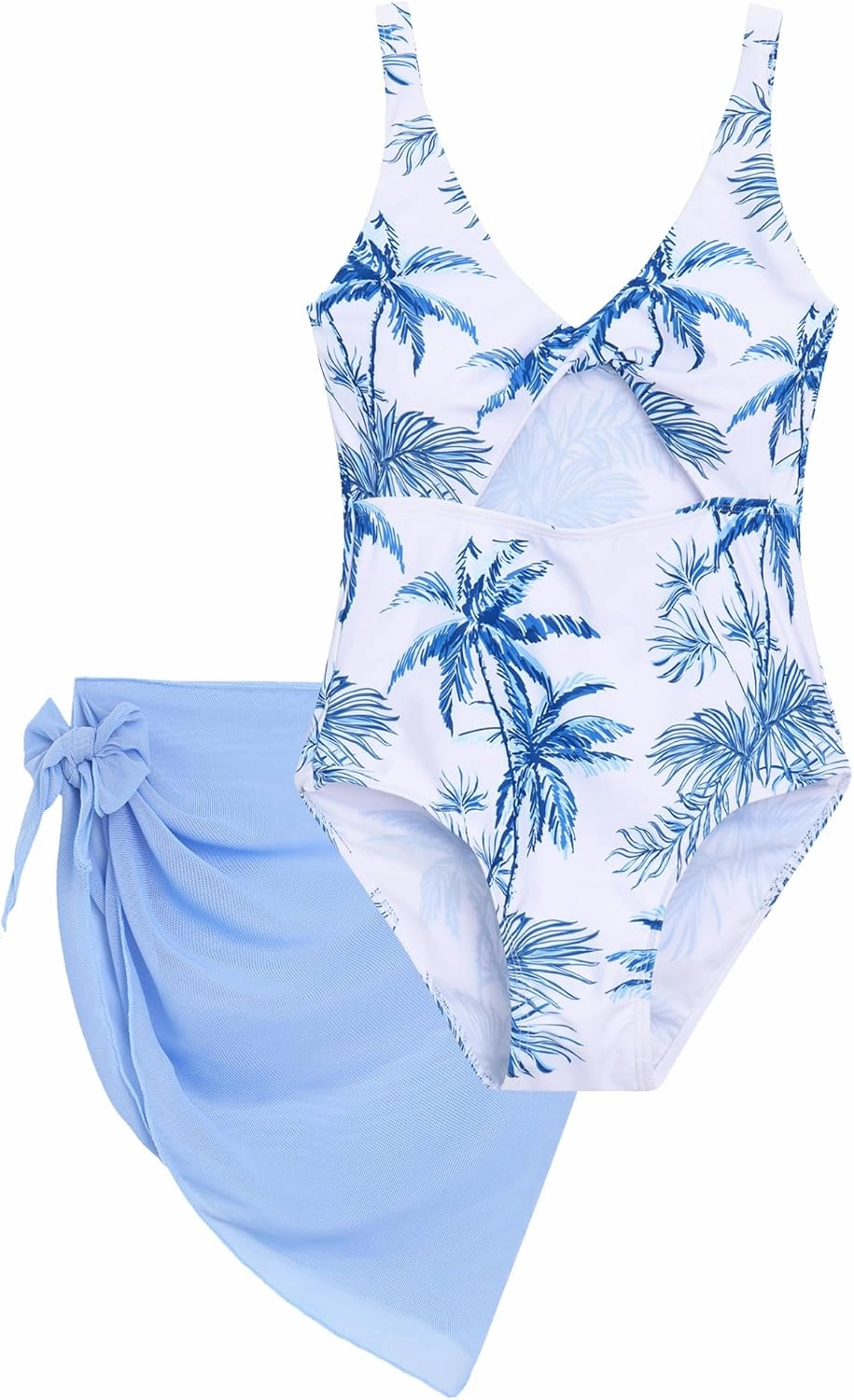 Girls One Piece Swimsuit with Cover Up Skirt Cut Out Bathing Suit Swimwear 8-15Y