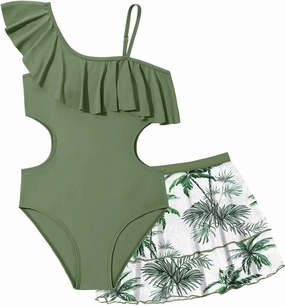 Girls One Piece Swimsuits Cut Out Swimsuit with Mesh Skirt Ruffle Girls Bathing Suit 9-16 Years Summer Beach Swimwear
