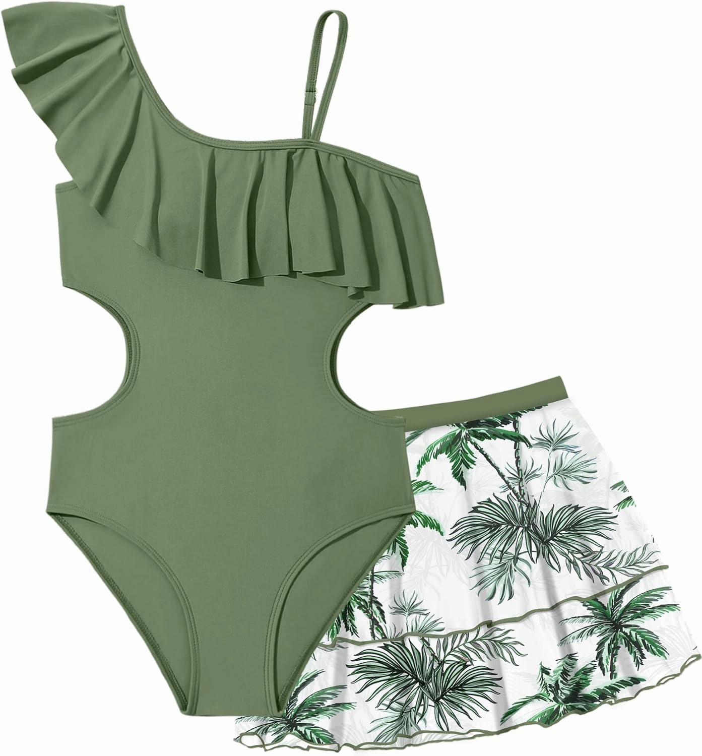 Girls One Piece Swimsuits Cut Out Swimsuit with Mesh Skirt Ruffle Girls Bathing Suit 9-16 Years Summer Beach Swimwear