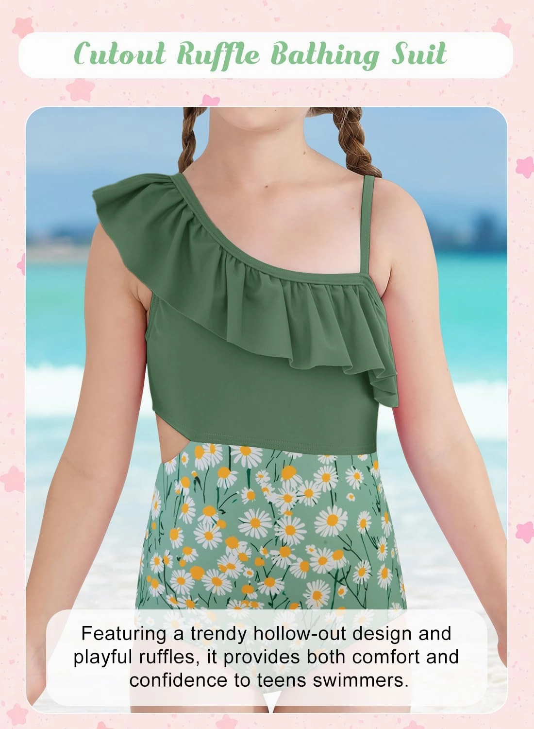 Girls One Piece Swimsuits Cutout Ruffle Bathing Suit Quick Dry Beach Swimwear with Adjustable Strap 5-14 Years