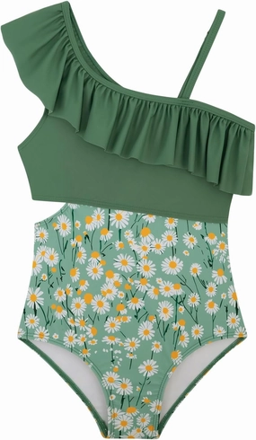 Girls One Piece Swimsuits Cutout Ruffle Bathing Suit Quick Dry Beach Swimwear with Adjustable Strap 5-14 Years