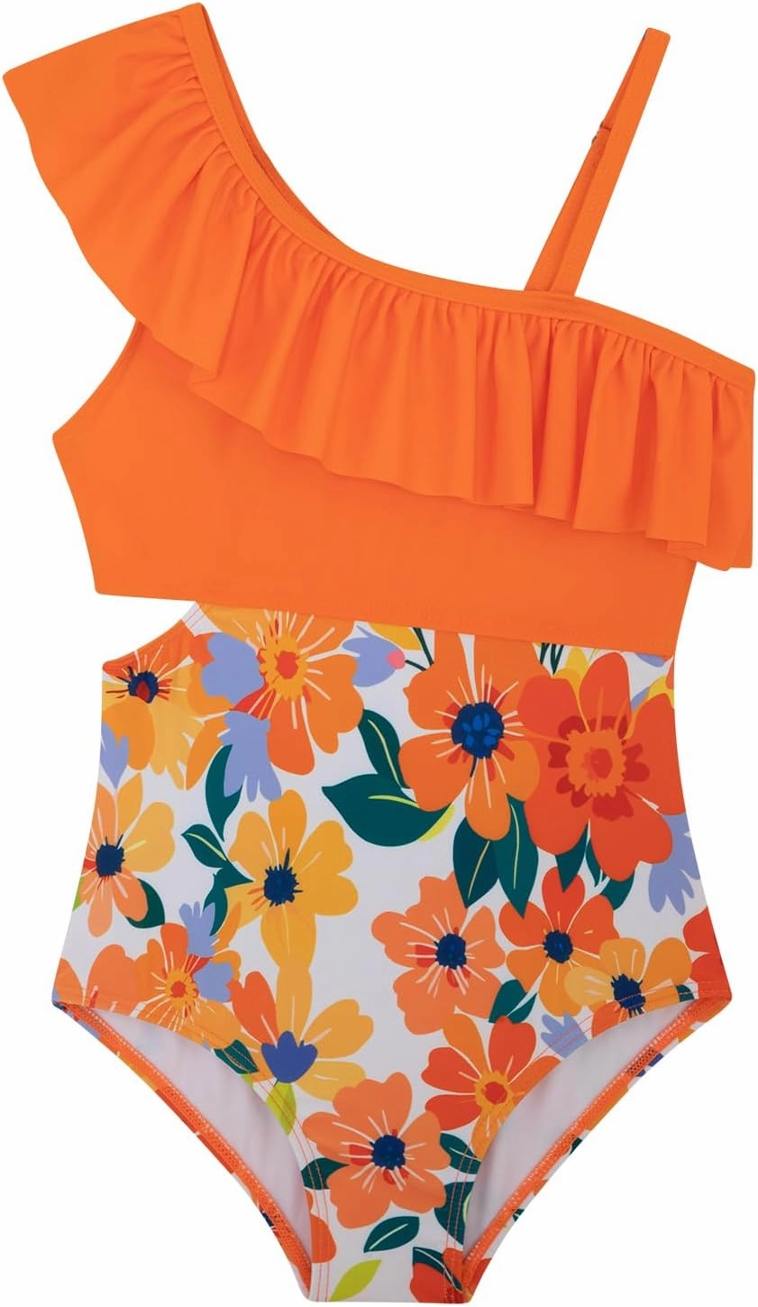Girls One Piece Swimsuits Cutout Ruffle Bathing Suit Quick Dry Beach Swimwear with Adjustable Strap 5-14 Years