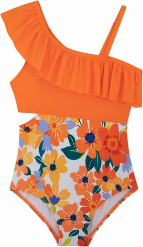 Girls One Piece Swimsuits Cutout Ruffle Bathing Suit Quick Dry Beach Swimwear with Adjustable Strap 5-14 Years