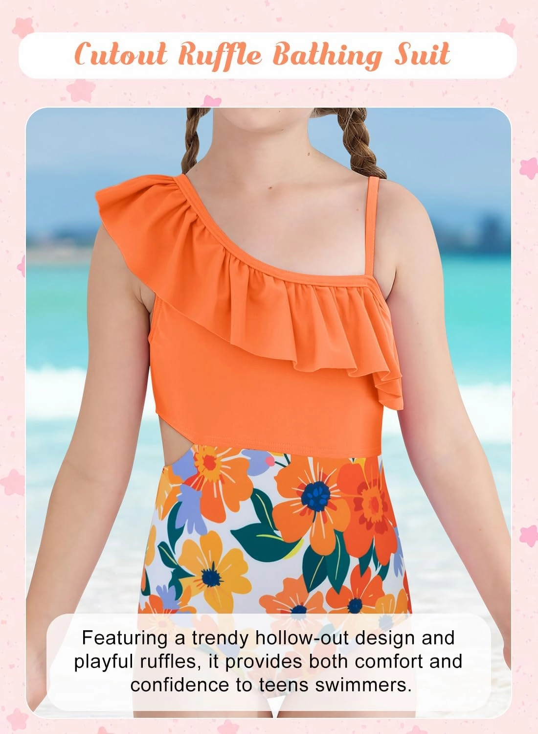 Girls One Piece Swimsuits Cutout Ruffle Bathing Suit Quick Dry Beach Swimwear with Adjustable Strap 5-14 Years