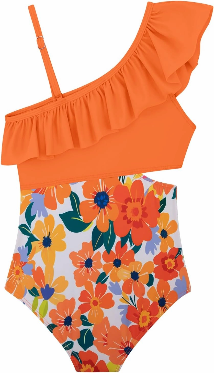 Girls One Piece Swimsuits Cutout Ruffle Bathing Suit Quick Dry Beach Swimwear with Adjustable Strap 5-14 Years