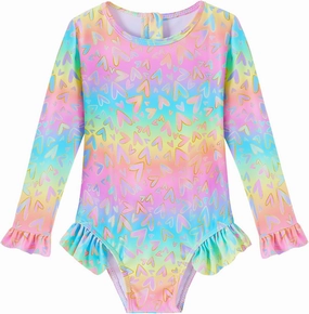 Girls One Piece Swimsuits Long Sleeve Ruffle Zipper Bathing Suit Cute Kids UPF 50  Rashguard Swimwear 1-6 Years
