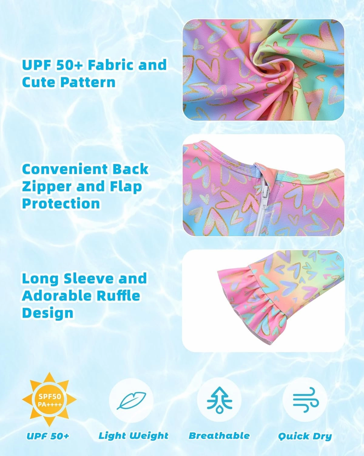 Girls One Piece Swimsuits Long Sleeve Ruffle Zipper Bathing Suit Cute Kids UPF 50  Rashguard Swimwear 1-6 Years