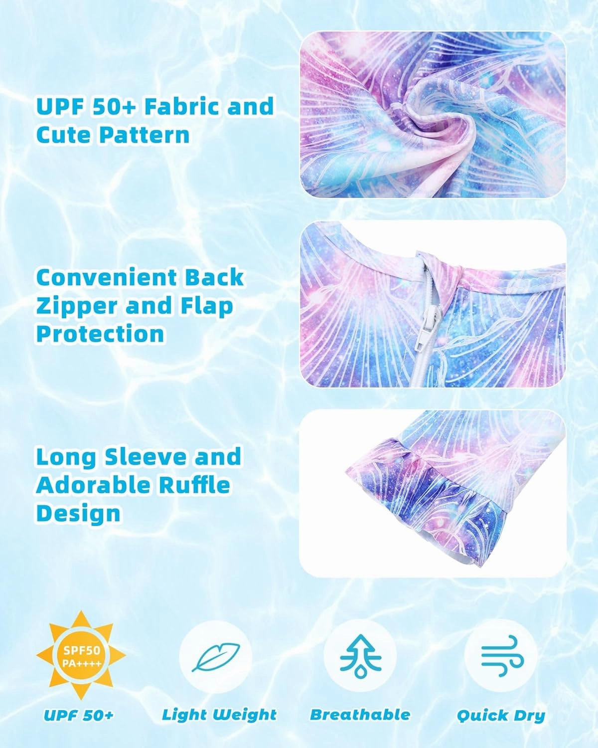 Girls One Piece Swimsuits Long Sleeve Ruffle Zipper Bathing Suit Cute Kids UPF 50  Rashguard Swimwear 1-6 Years